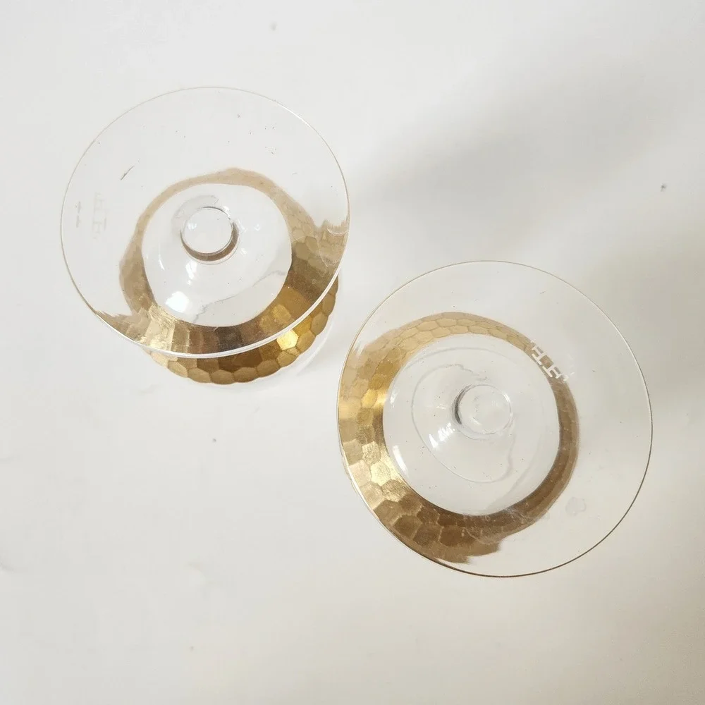 Fitz Floyd Short Stem Wine Goblet Glasses Set of 2 Gold Tone Hammered Honeycomb